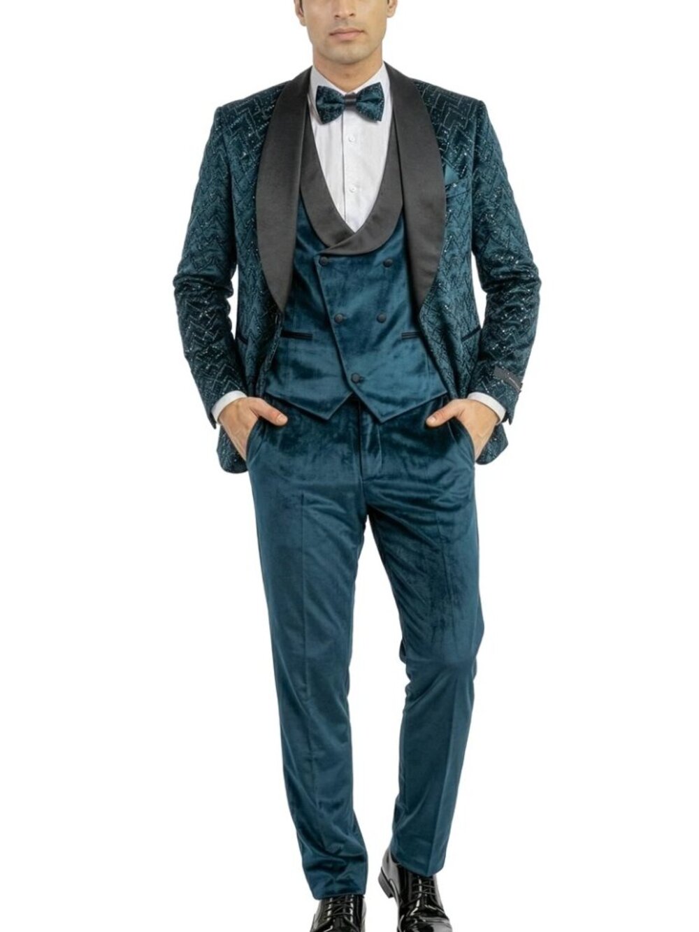 Teal Velvet Sequin Satin Shawl Lapel 3 Piece Skinny Men's Fashion Suit